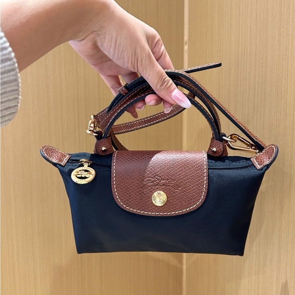 Longchamp Handbags - Longchamp Mini Le Pliage Navy Canvas Crossbody Tote Bag Brown Leather Trim